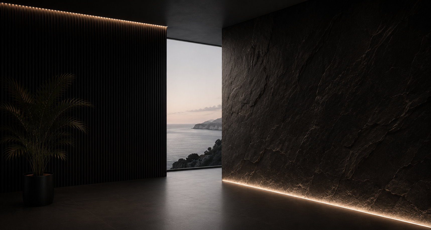 Espacio interior minimalista con vistas al mar