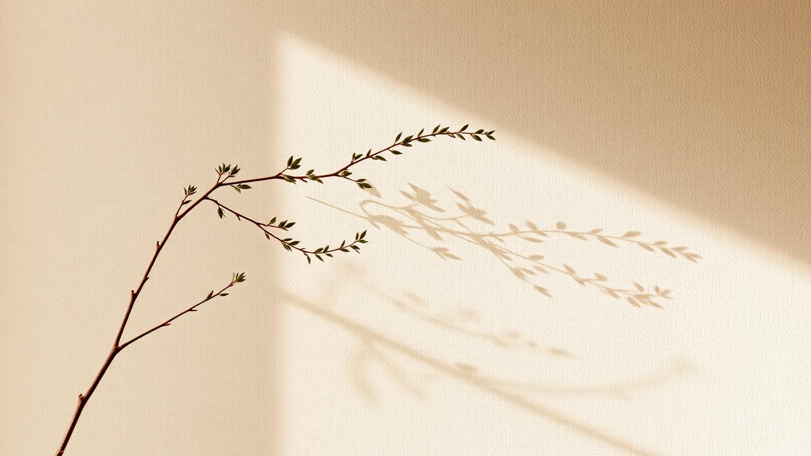 Ramas botánicas con sombras suaves sobre pared beige
