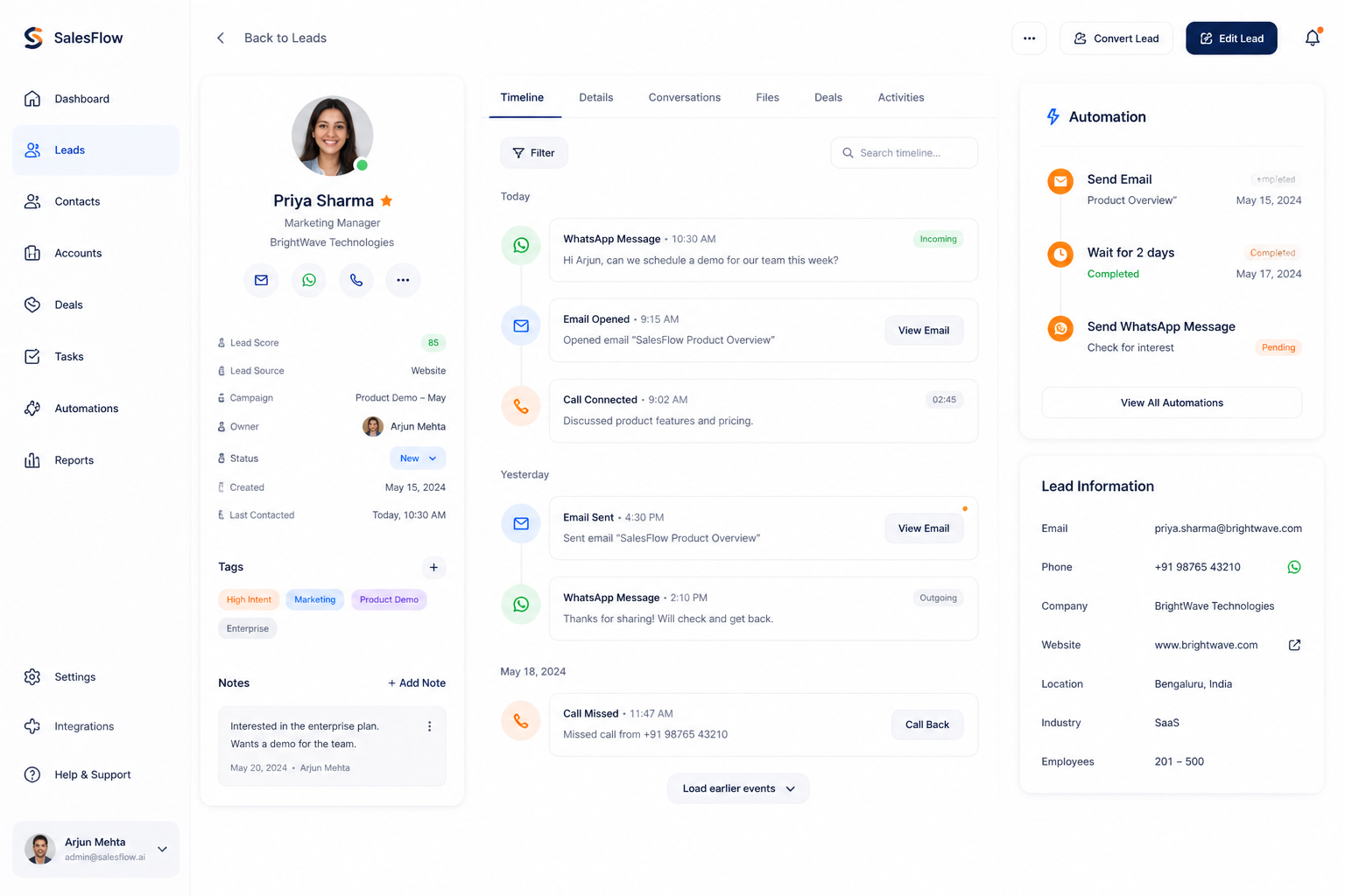 Ficha de lead con timeline y automatizaciones