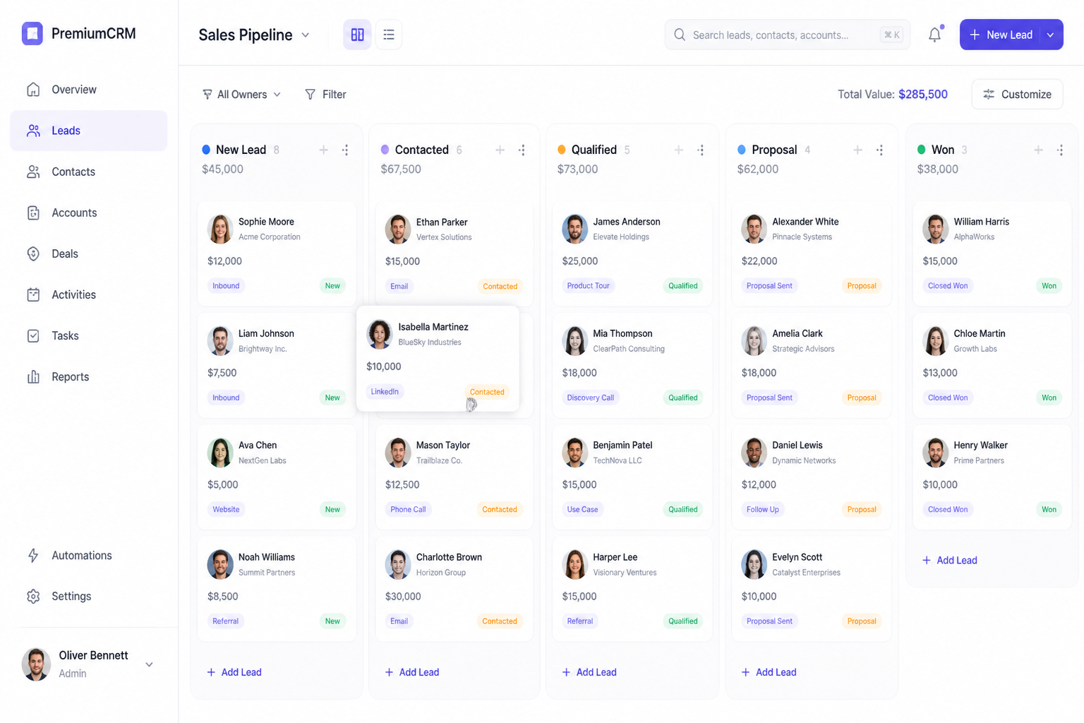 Pipeline kanban de leads del CRM